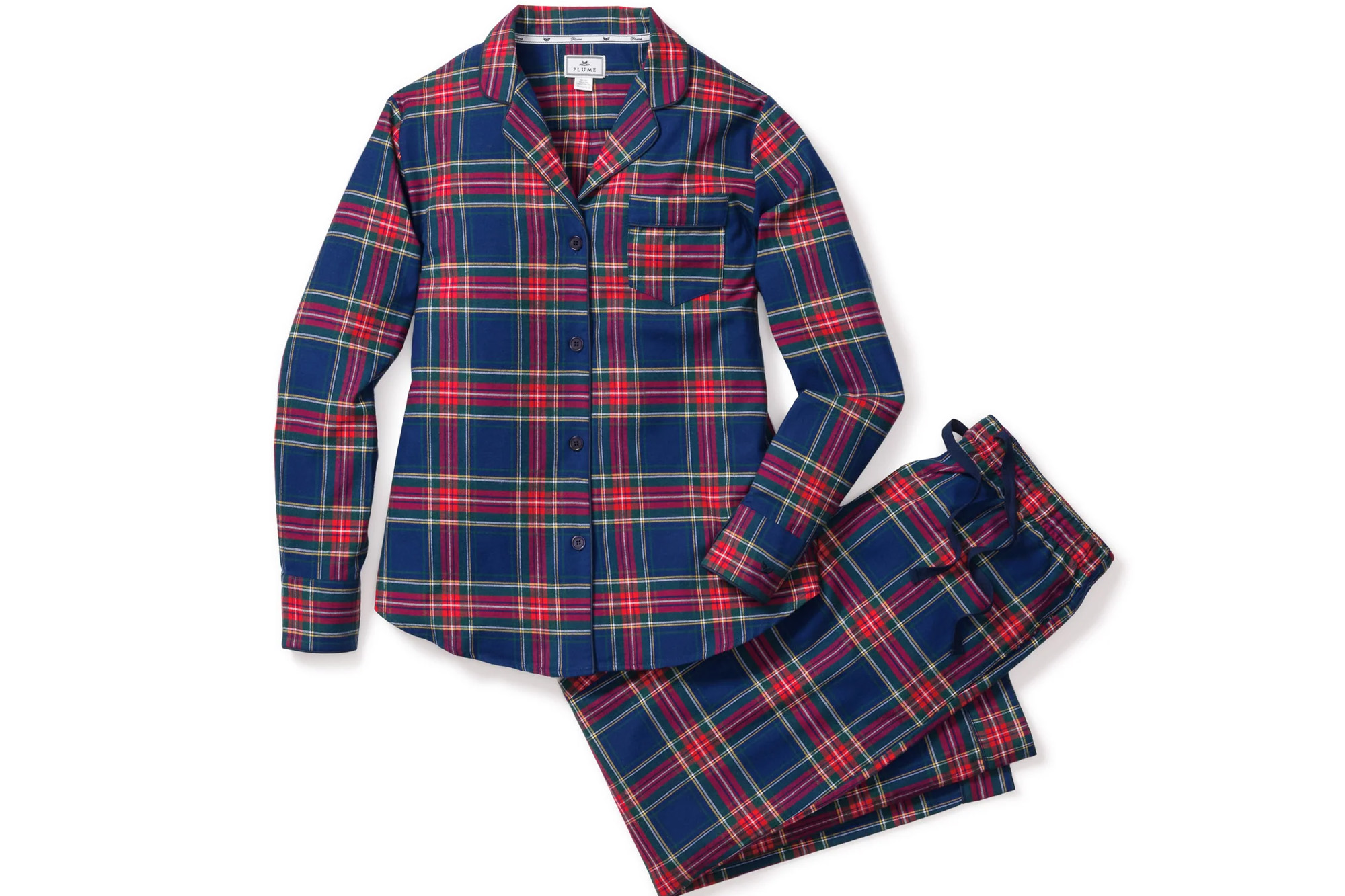 A blue, red, and green plaid Petite Plume pajama set.