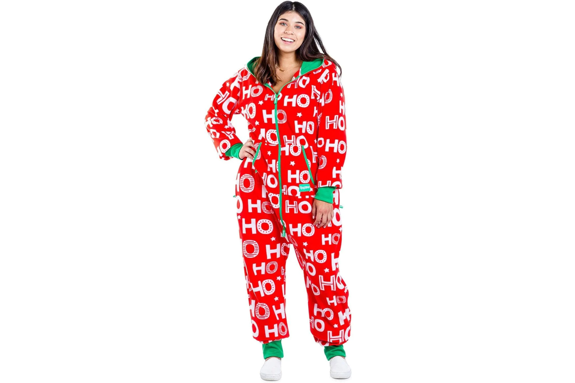 A woman in a red fleece jumpsuit that says 'Ho ho ho' on it