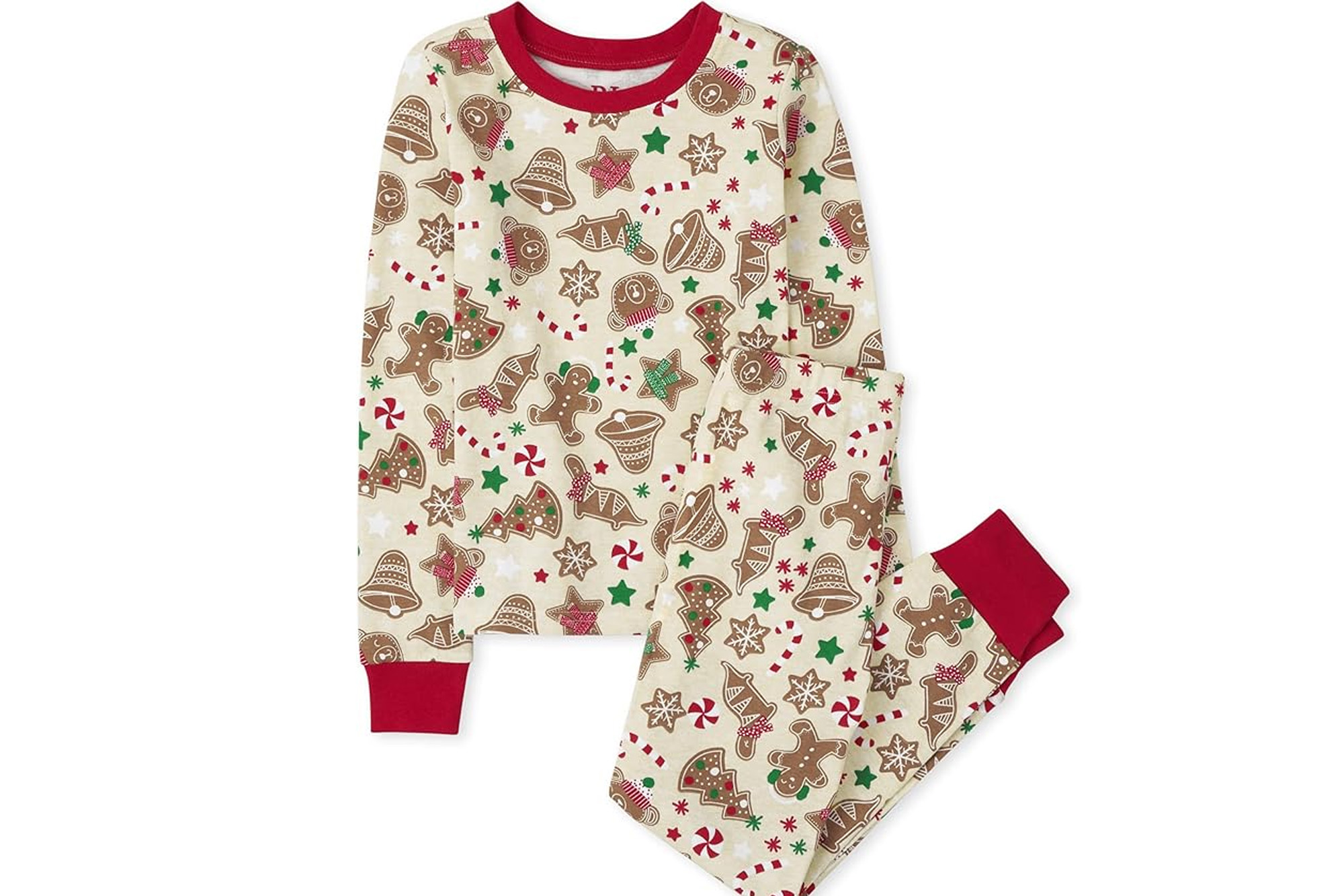 Toddler's two-piece pajamas with a red collar and cuffs, and a pattern of gingerbread cookies, stars, and bells.