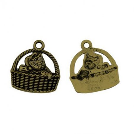Односторонняя металлическая подвеска Котик в корзинке, цвет античная бронза, 16*14 мм (5 штук)