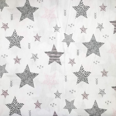 Отрез польской хлопковой ткани "Звезды большие розовые и серые на белом", 40х50 см