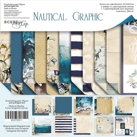 Набір двосторонньої паперу 30,5х30,5 см "Nautical Graphic", 190г / м2, 10 шт + 1 лист карток