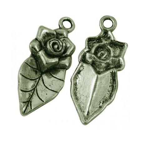 Односторонняя металлическая подвеска Роза с листиком, цвет античная бронза, 33х13 мм (2 штуки)