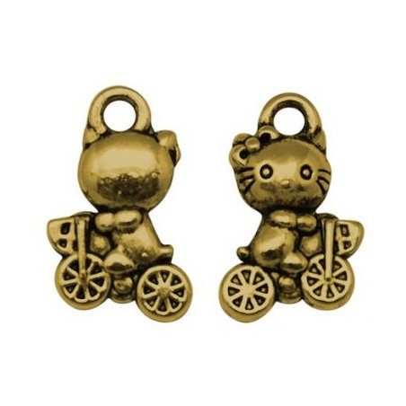 Двостороння металева підвіска Hello Kitty, 11х7 мм, колір античне золото (5 штук)