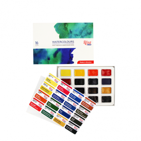 Набір акварельних фарб ROSA Studio, кювета, картон, 16 кольорів