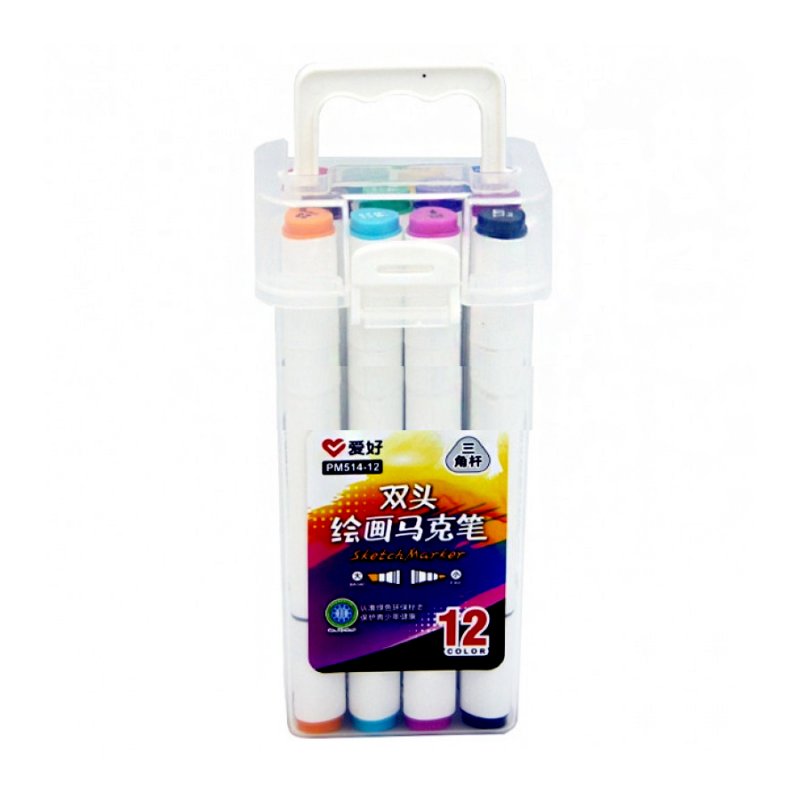 Набір скетч маркерів, 12 кольорів, двосторонні, в пластиковому контейнері, Aihao