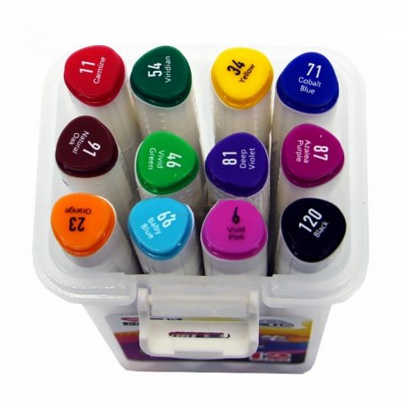 Набір скетч маркерів, 12 кольорів, двосторонні, в пластиковому контейнері, Aihao