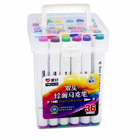 Набір скетч маркерів, 36 кольорів, двосторонні, в пластиковому контейнері, Aihao