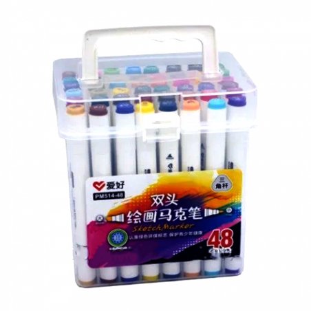 Набір скетч маркерів, 48 кольорів, двосторонні, в пластиковому контейнері, Aihao
