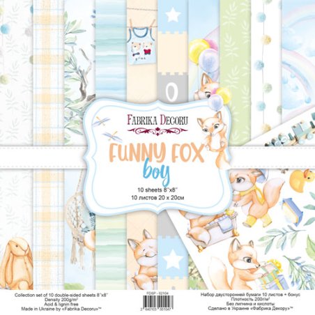 Набор двусторонней бумаги 20х20 см "Funny fox boy",  200 г/м2, 10 листов