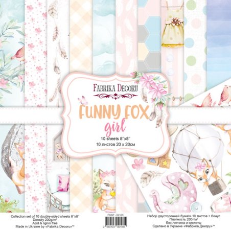 Набір двосторонньої паперу 20х20 см "Funny fox girl", 200 г / м2, 10 аркушів