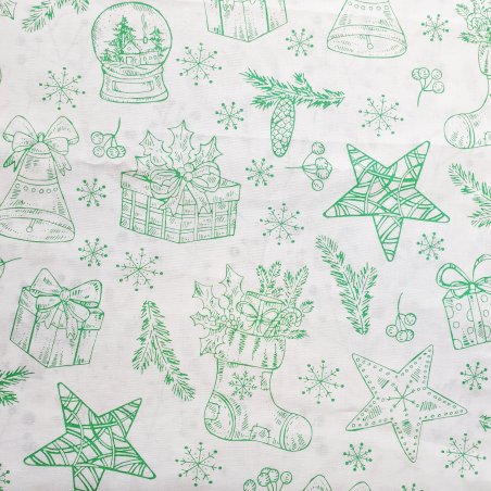 Хлопковая ткань Рождественские подарки зелёные на белом, отрез 40х50 см