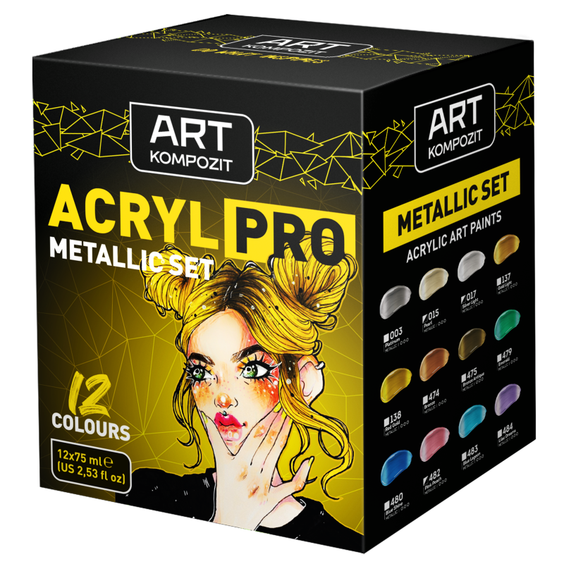 Набор акриловых красок ACRYL PRO ART kompozit Металлик, 12 цветов по 75 мл