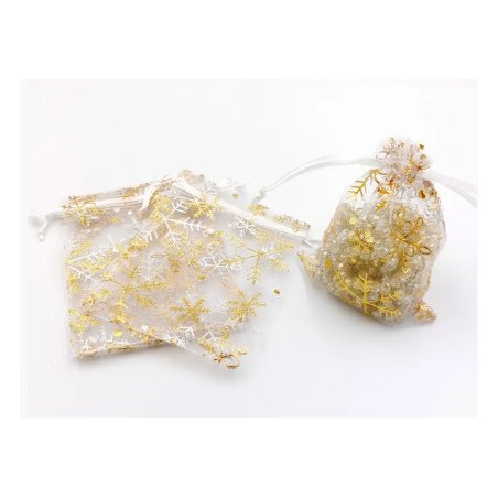 Подарунковий мішечок з органзи "Сніжинки" 9х12 см, колір білий із золотом