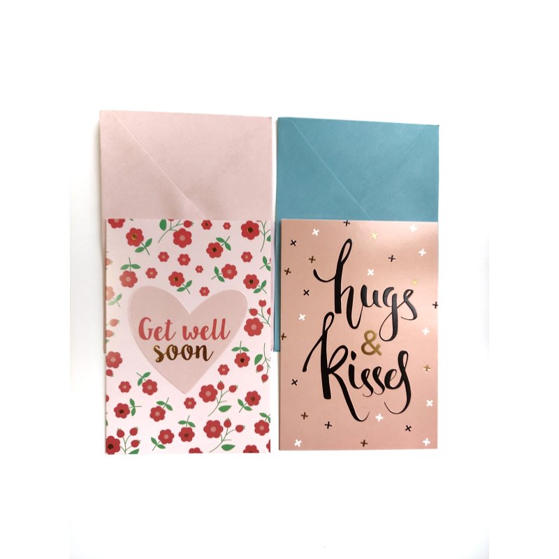 Набір з 2х листівок + 2 конверти "Hugs & Kisses, Get well soon" 16х11,5 см