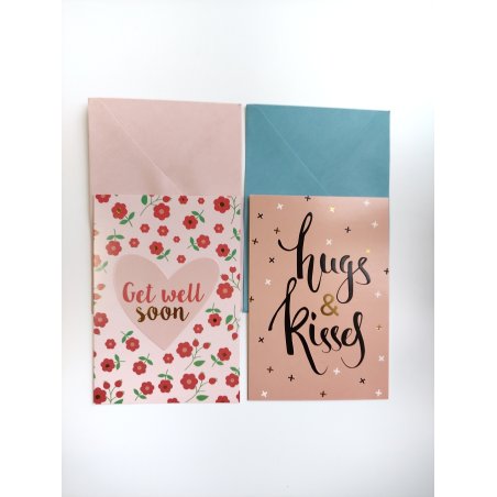 Набір з 2х листівок + 2 конверти "Hugs & Kisses, Get well soon" 16х11,5 см