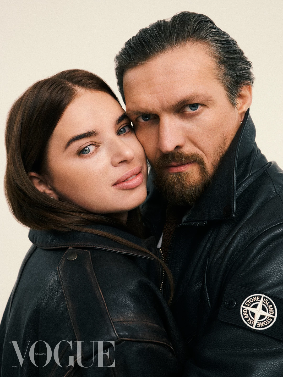 On Kateryna: leather bomber jacket by Saint Laurent (kameron.ua). On Oleksandr: leather bomber jacket by Stone Island