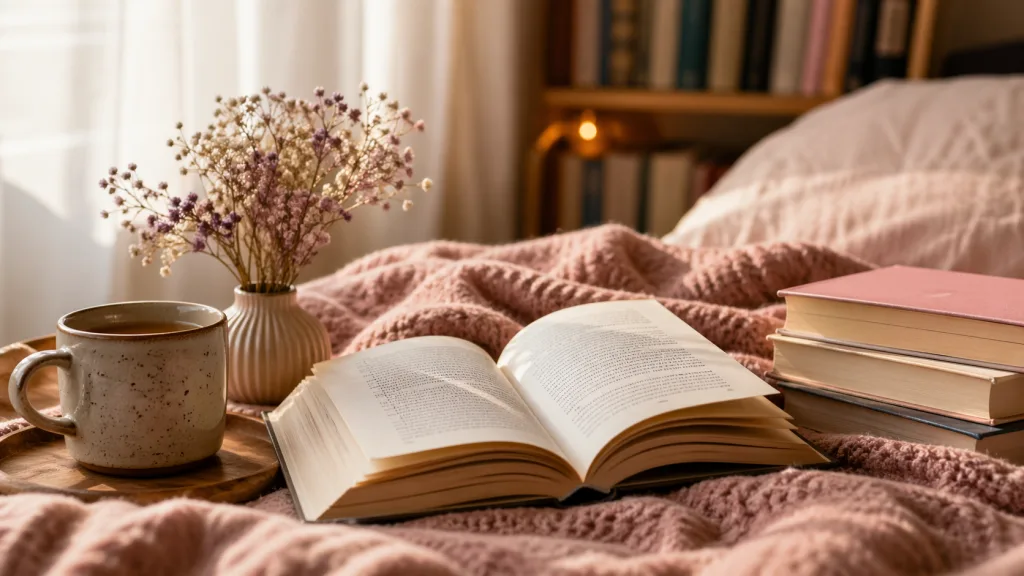 Open book on a pink blanket with a speckled mug and a vase of dried flowers in a cozy bedroom reading nook.