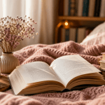 Open book on a pink blanket with a speckled mug and a vase of dried flowers in a cozy bedroom reading nook.