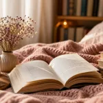 Open book on a pink blanket with a speckled mug and a vase of dried flowers in a cozy bedroom reading nook.