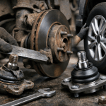Mechanic in gloves works on a car's brake rotor and hub with wheel removed, showing rusty components and tools nearby.