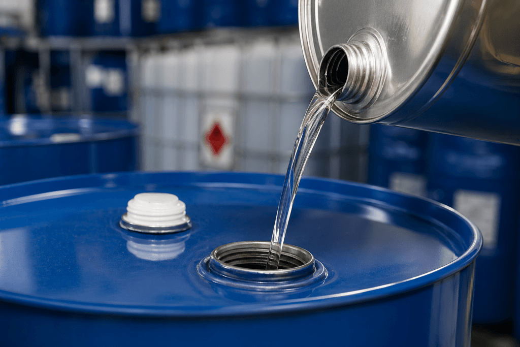 Metallic container pours clear liquid into a large blue drum in an industrial setting; hazard placard visible in the background.