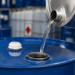 Metallic container pours clear liquid into a large blue drum in an industrial setting; hazard placard visible in the background.