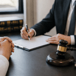 Two people in business attire sign a document at a desk, with a gavel, scales, and legal books nearby.