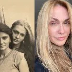 Split-panel photo: left shows two young women in a grayscale image; right shows a close-up color portrait of a blonde woman with long hair.