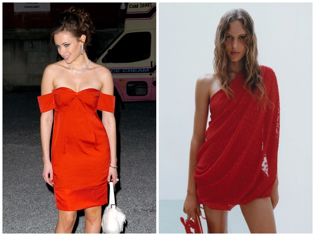 Камілла Аль-Фаєд у сукні Stella McCartney H&M, 2005 рік. Червона сукня з нової колекції Stella McCartney H&M, 2026 рік