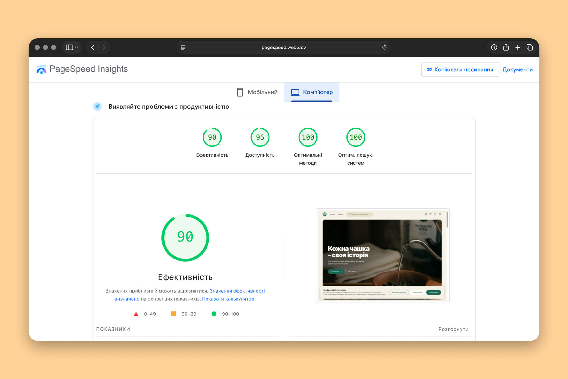 PageSpeed Insights: десктоп-показники сайту