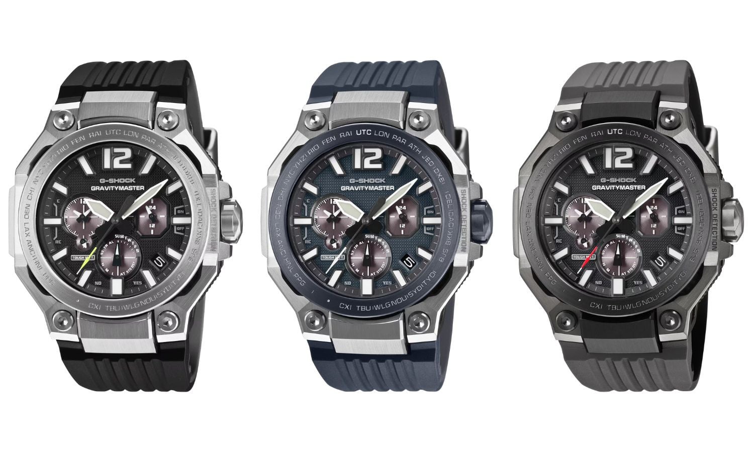 Версії G-Shock GWR-B3000 зліва направо: 1A, 2A та 8A