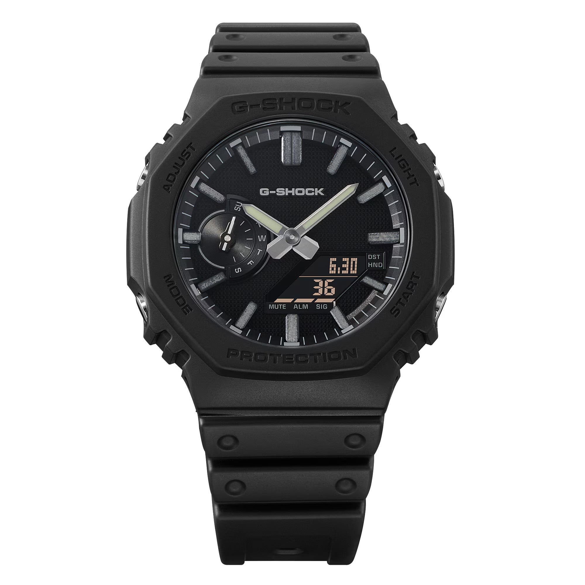 Casio G-Shock GA-2100LXB-1A з монохромним чорним пластиковим корпусом.