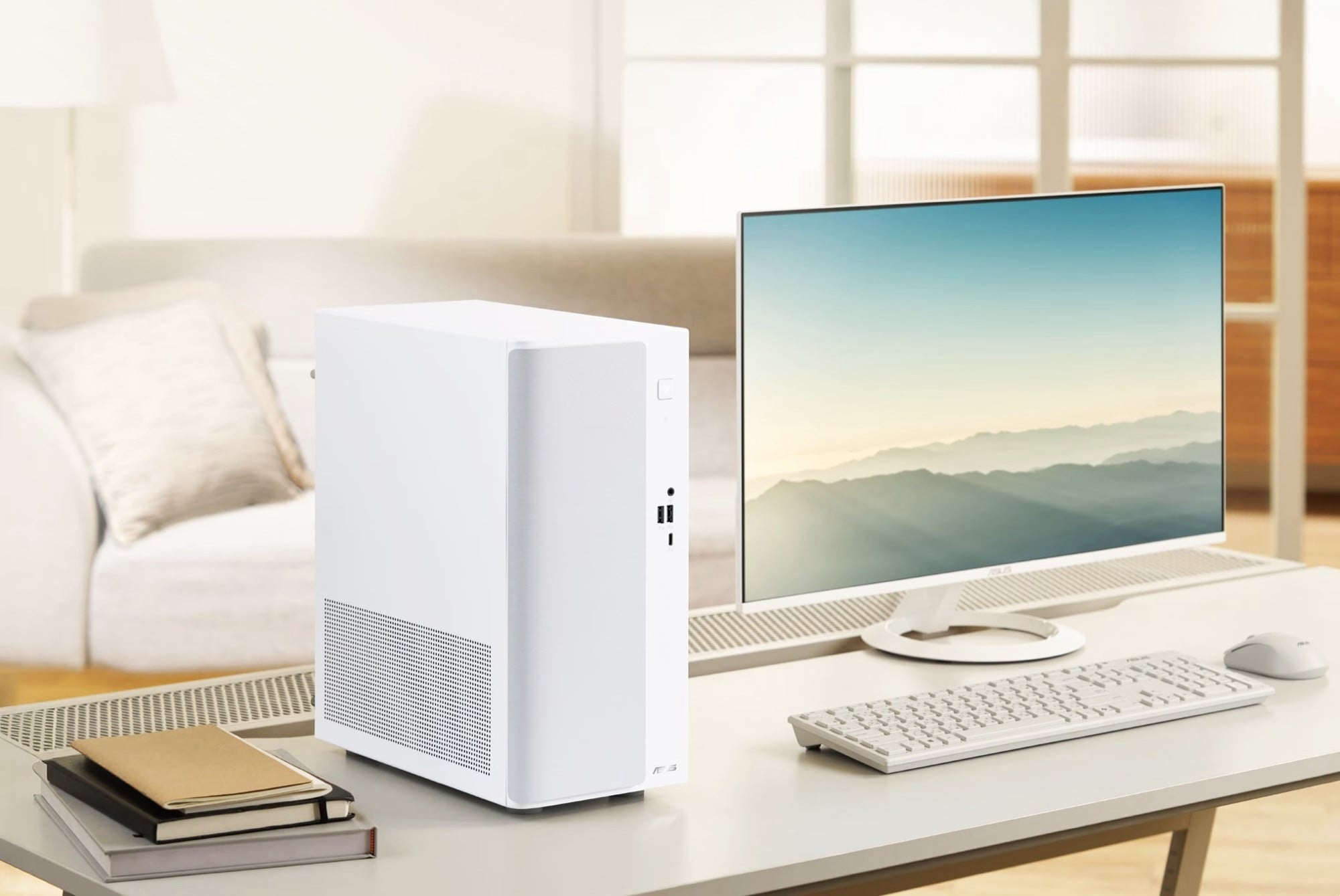 Asus V500 Mini Tower має дизайн передньої панелі з дерев'яною імітацією та тканиною.