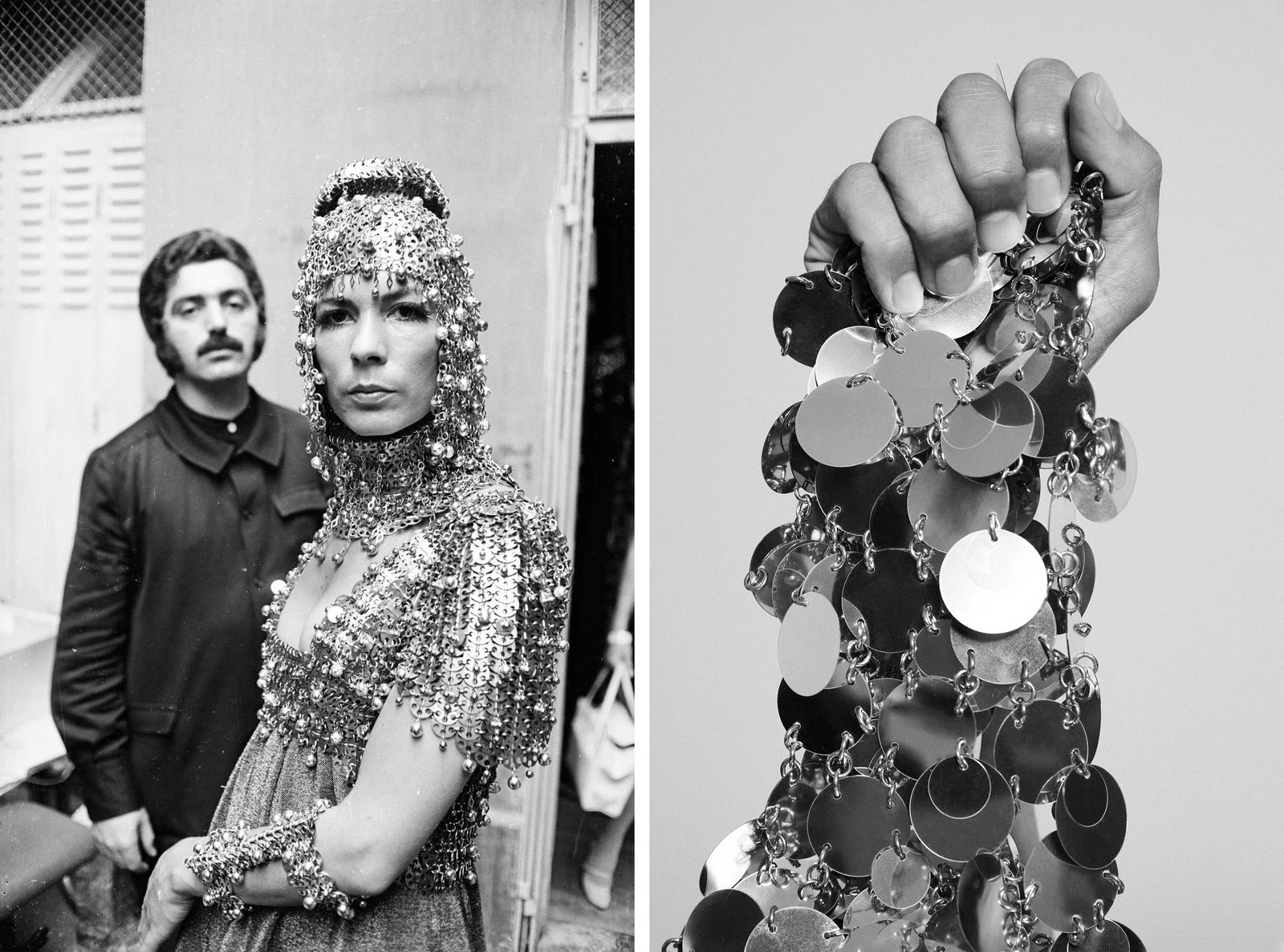 Іспанський модельєр Пако Рабанн з моделлю Ізабель Фельдель, 1967 рік; знаменита кольчуга Rabanne, яку тримає Олів'є Рустен
