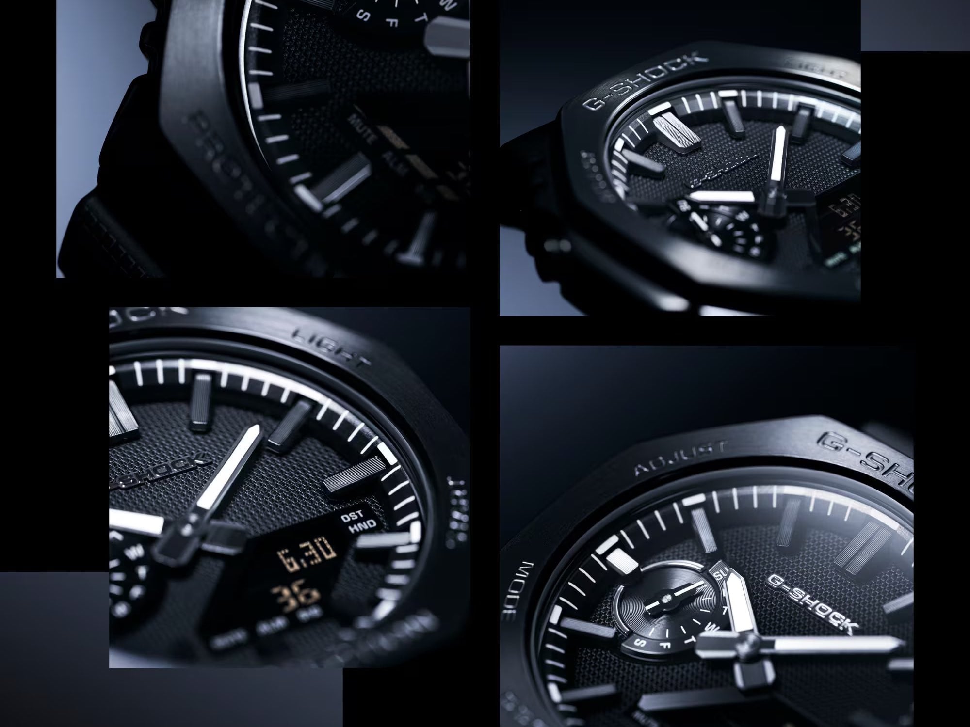 Крупний план деталей циферблата та безеля годинника Casio G-Shock GM-2100LXB Luxe Black.