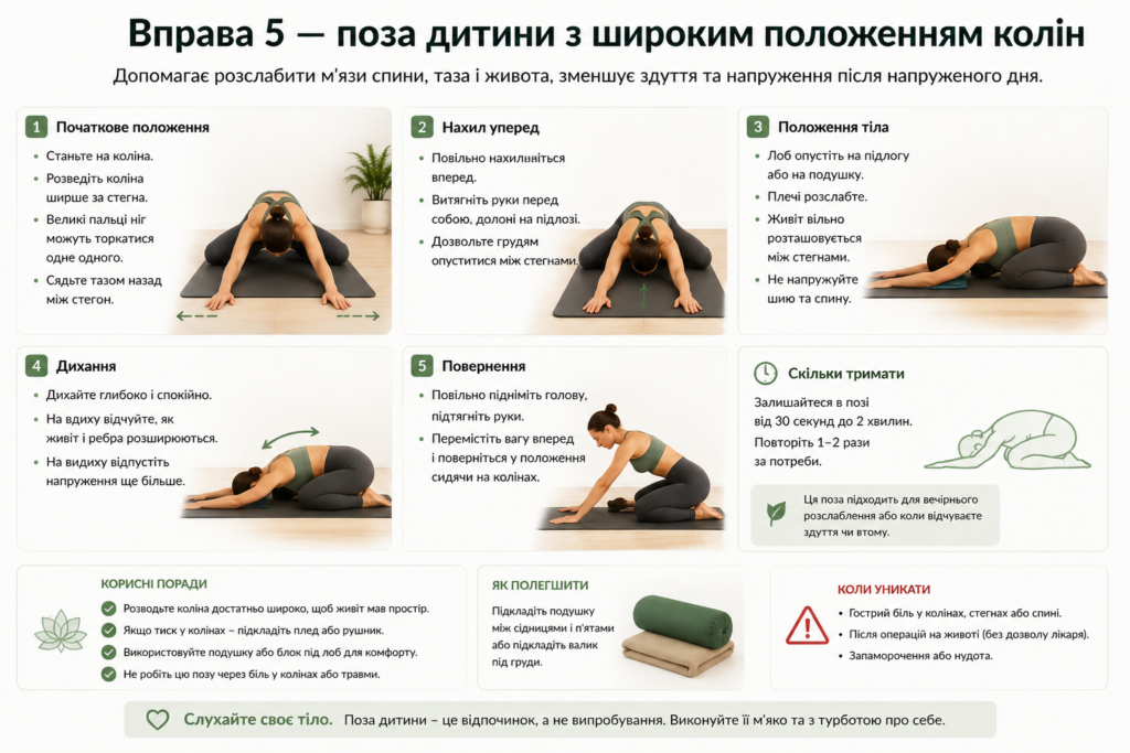 Вправа 5 — поза дитини з широким положенням колін