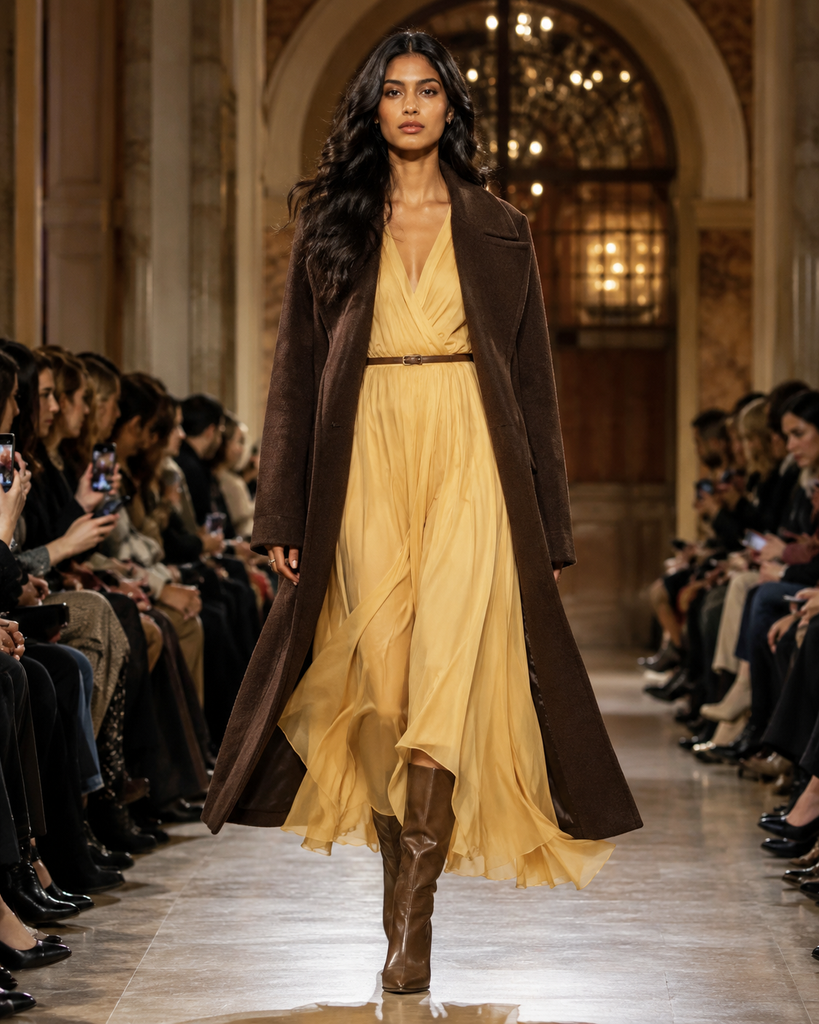 Жовта сукня під коричневе пальто
Ідея з осінніх колекцій Dior і Chloé
