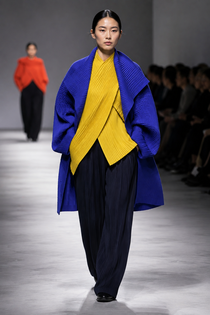 Два кольорові шари в дусі Issey Miyake
Верхній одяг стає головною частиною образу