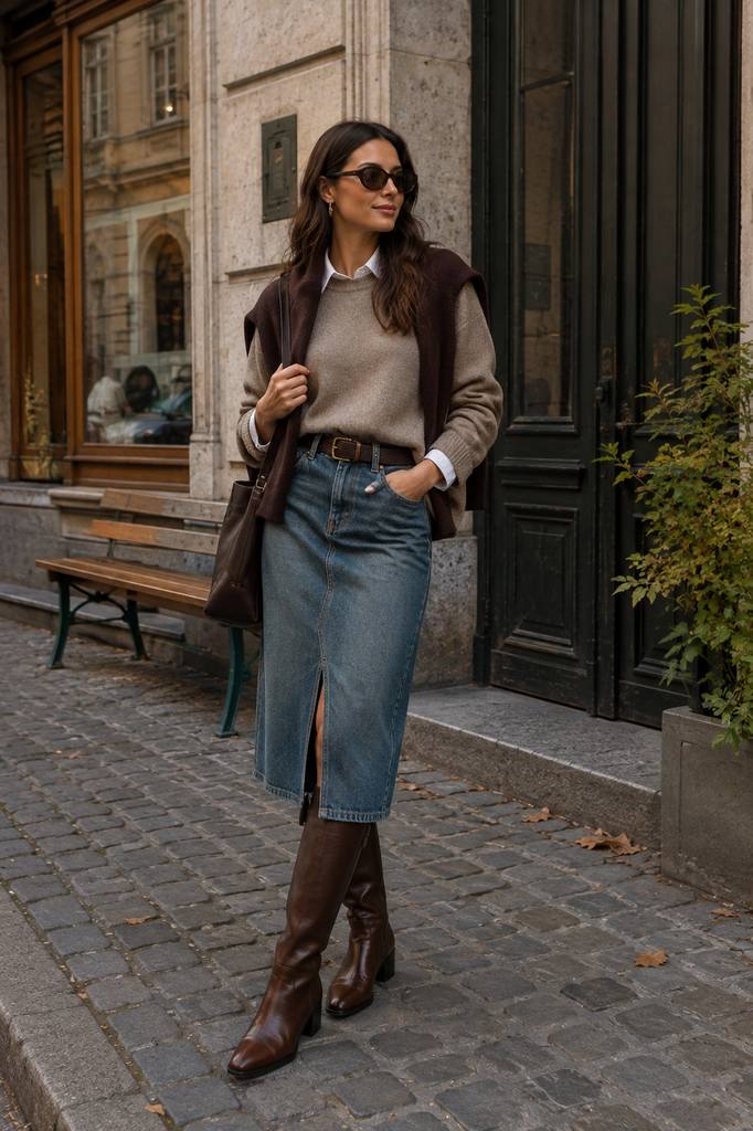 Джинсова спідниця та коричневі riding boots