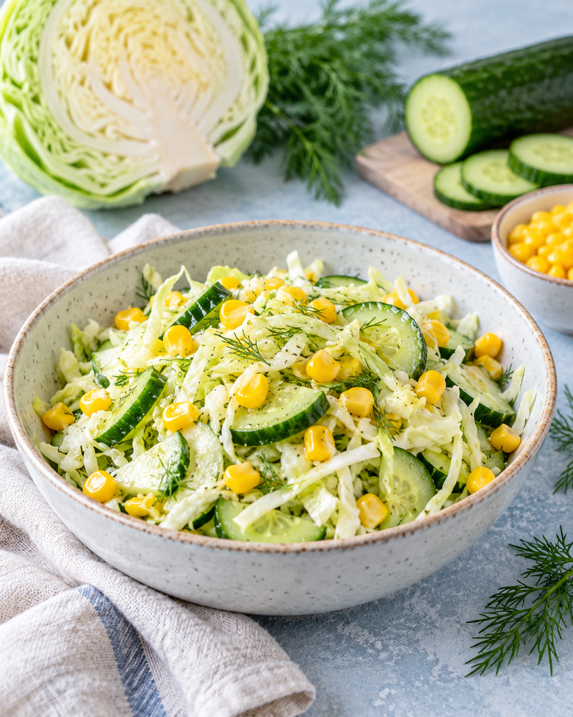 Салат із капусти, огірка та кукурудзи