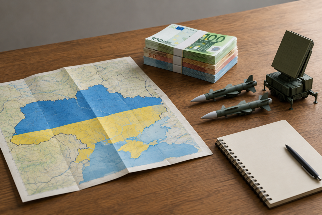 символічна сцена з картою України, євро і елементами оборони