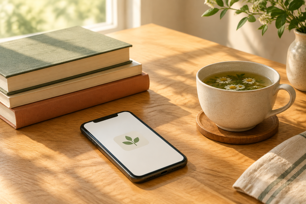 стопка книг, смартфон з іконкою застосунку та чашка чаю на столі