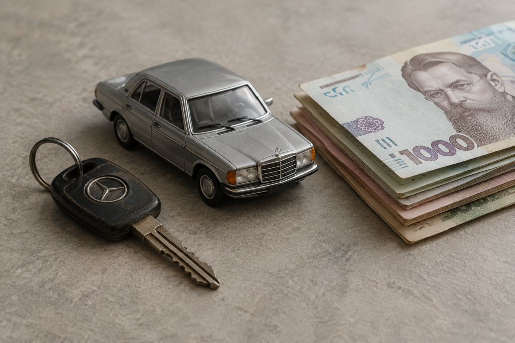 ключ від авто, модель Mercedes і купюри гривень на нейтральній поверхні