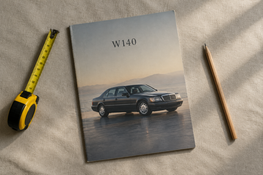буклет Mercedes W140, рулетка і олівець на лляній тканині