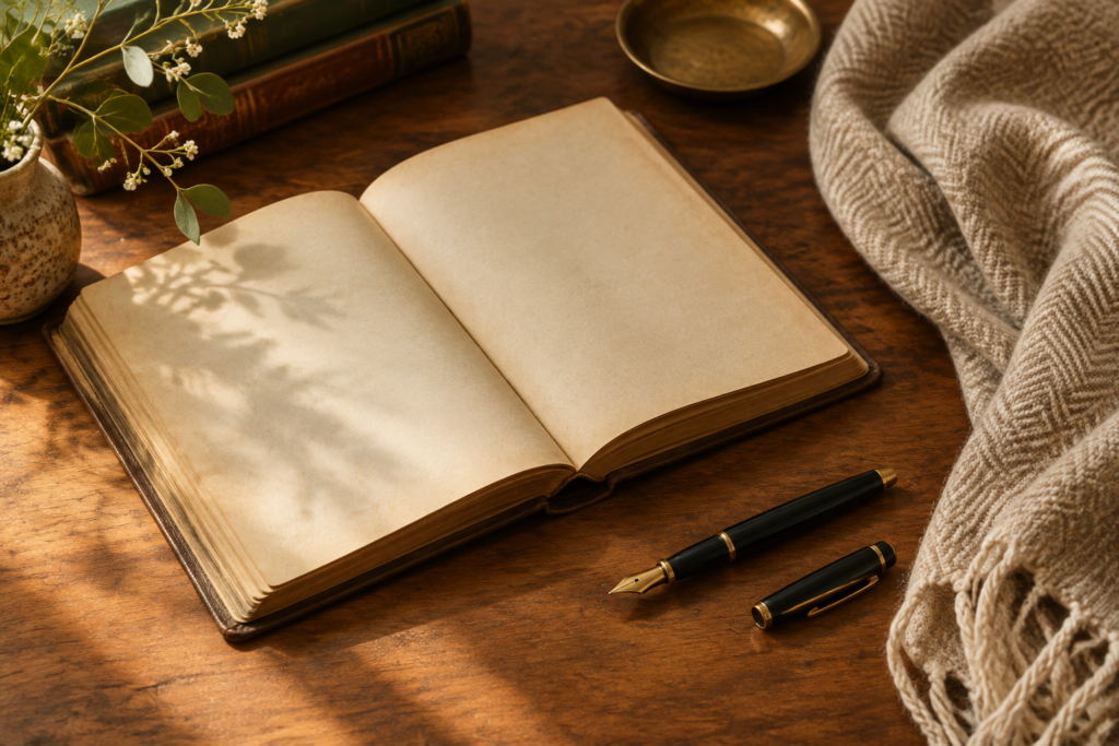 тепла сцена з відкритою старою книгою і пером на текстурованому фоні