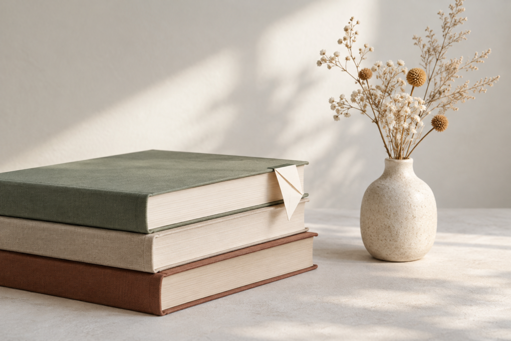 мінімалістична композиція зі стопкою книг і сухими квітами