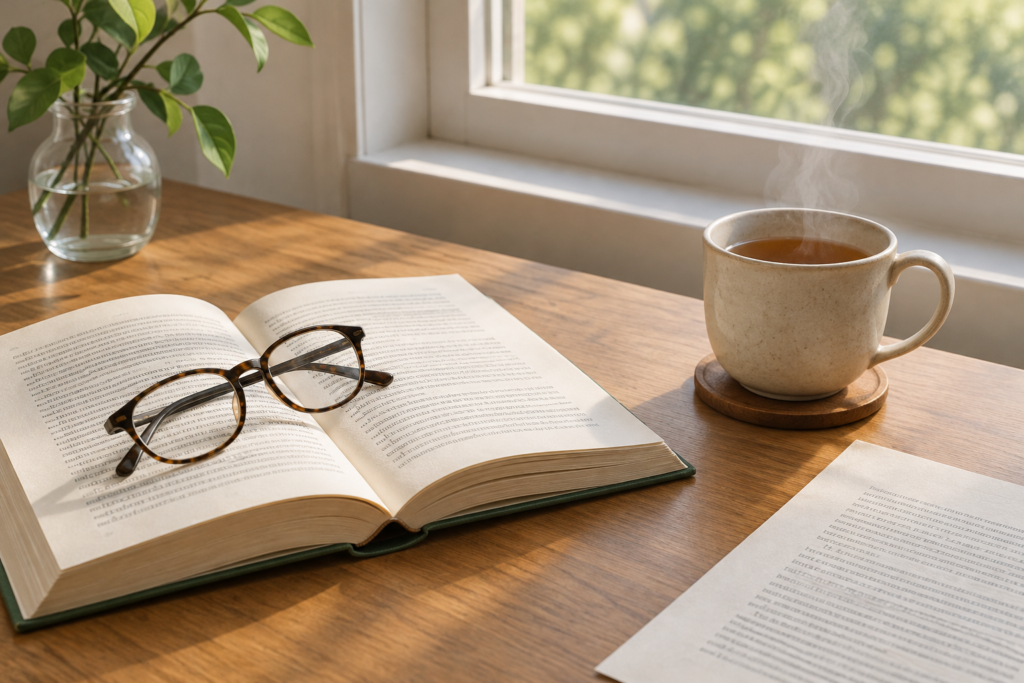 Книжка відкритою, окуляри та чашка чаю поруч із надрукованою сторінкою тексту на столі