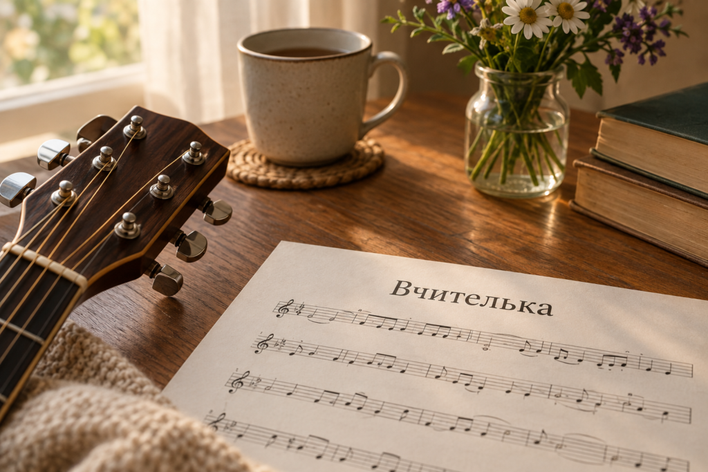 нотний лист з написом «Вчителька» поруч з гітарою, затишне освітлення