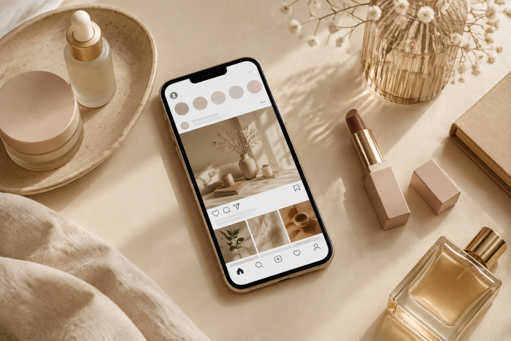 предметна сцена з телефоном поруч із косметикою, натяк на Instagram